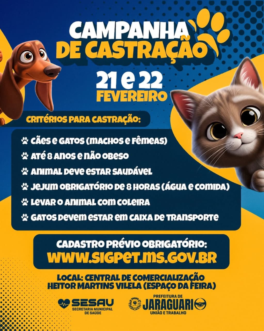 Jaraguari terá campanha de castração gratuita para cães e gatos; cadastro antecipado é exigido