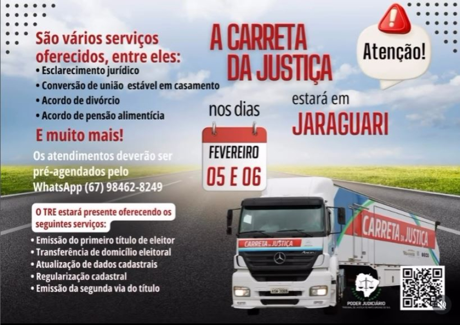 Carreta da Justiça estará em Jaraguari nos dias 5 e 6 de fevereiro de 2026